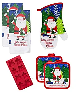 Outpost Atlantis Christmas Here Comes Santa Claus Towel 5 Piece Bundle 2 Towels 2 Pot Holders 1 Oven Mitt Bonus and Themed ice Cube Tray