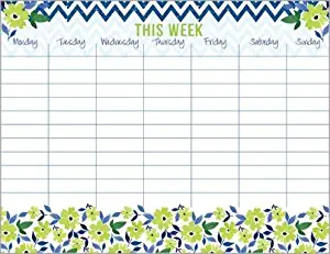 Green Flowers & Chevron Weekly Calendar Pad, with Attachable Magnet,