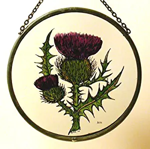 Decorative Hand Painted Stained Glass Window Sun Catcher/Roundel in a Scottish Thistle Design.