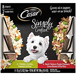 Cesar 1-Box Simply Crafted Adult Wet Dog Food Topper Variety Pack Chicken, Carrots, Potatoes & Peas, and Beef, Chicken, Purple Potatoes, Green Beans & Red Rice, (8) 1.3 oz Tubs