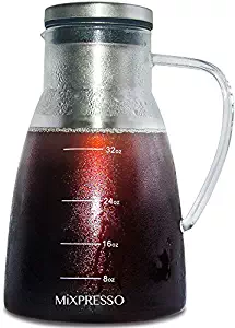 Cold Brew Coffee Maker Airtight Iced Coffee Maker and Tea Infuser Glass Carafe With Removable Stainless Steel Filter For Cold And Hot by Mixpresso - 1.0L / 34oz