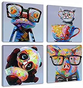 Canvas Animal Wall Art 4 Panels Cute Panda Funny Frog Cartoon Picture Animals Painting Artwork for Kids Nursery Room Home Decor Framed