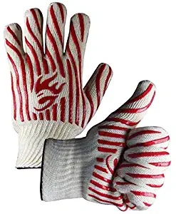 Evridwear 932°F Extreme Heat and Cut Resistant BBQ Gloves Oven Mitts, Non-Slip Silicone Coated Pot Holders for Cooking, Baking, Grilling, Camping, Fireplace and Microwave (One Size, Red Stripe)