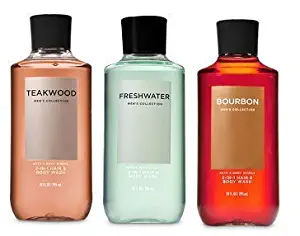 Bath and Body Works 3 Pack 2-in-1 Hair + Body Wash Teakwood, Freshwater and Bourbon. 10 Oz.