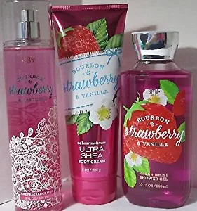 Bath & Body Works Bourbon Strawberry & Vanilla Ultra Shea Body Cream 8oz, Fine Fragrance Mist 8 FL OZ, Shower Gel 10 FL OZ