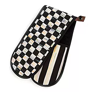 MacKenzie-Childs Cotton Kitchen Pan Holders – Bistro Double Oven Mitt – Black and White Courtly Check Rectangular Pot Holders - 6" Wide, 29" Long