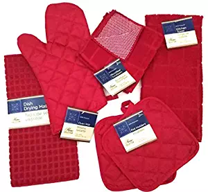 Kitchen Towel Set with 2 Quilted Pot Holders, Oven Mitt, Dish Towel, Dish Drying Mat, 2 Microfiber Scrubbing Dishcloths (Red)