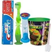 "Teenage Mutant Ninja Turtles" Inspired 4pc Bright Smile Oral Hygiene Set! Flashing Lights Toothbrush, Toothpaste, Brushing Timer & Mouthwash Rinse Cup! Plus Bonus "Remember To Brush" Visual Aid!