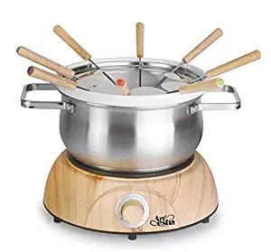 Artestia Electric Chocolate & Cheese Fondue Set with Two Pots (Stainless Steel and Ceramic), Serve 8 persons (Stainless Steel/Ceramic Pots, Wood Pattern Base)