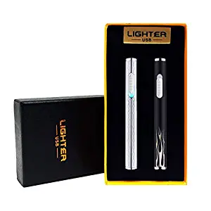 USB Lighter Rechargeable 2 Pack Mini Electric Flameless Windproof Portable Slim Cigarette Lighters (Silver and Black Fire)