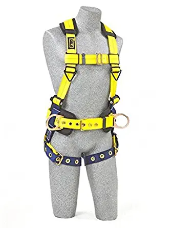 3M DBI-SALA Delta 1102201 Construction Harness, Back and Side D-Rings, Tongue Buckle Legs, Body Belt and Hip Pad, 420lb Capacity, Small, Yellow/Navy