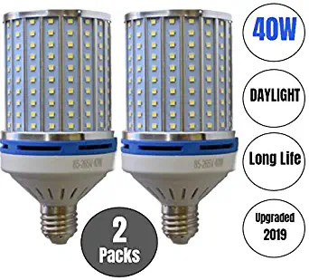 40W LED Corn Light Bulb Daylight 6000k Super Bright 400 Watt equiv. 2 Packs. Large Light Bulbs E26/E27 Daylight White Barn, Workshop,Warehouse,Garage,Factory,Porch,Backyard BestCircle