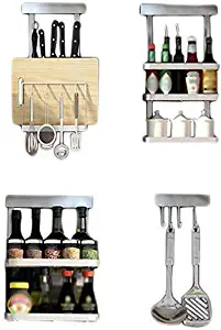 SED Kitchen Supplie Cutlery Racks,Hook Kitchen Rack Stainless Steel Pan Seasoning Wall-Mounted Household Multi-Function Combination Table Storage Shelf