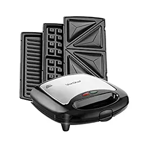 VonShef 220 240 Volts 3 in 1 Sandwich/Panini Maker, Waffle Iron & Grill with Removable Plates - 700W - Stainless Steel | Bundled W/Dynastar Plug Adapters | 220v 240v (NOT FOR USA)