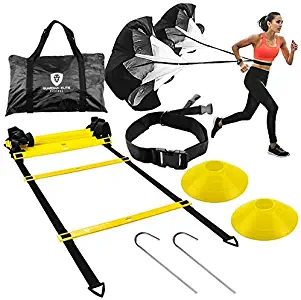 Guardian-Elite Fitness Agility Ladder Speed Training Equipment Set - Includes Exercise Footwork Ladder, Dual Resistance Parachute, 6 Speed Cones and Sports Bundle Carrying Bag