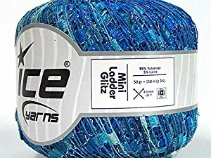 Shimmer Waves Mini Ladder Glitz Ribbon Yarn - Blues Shades with Silver Metallic Sparkle 50 Gram