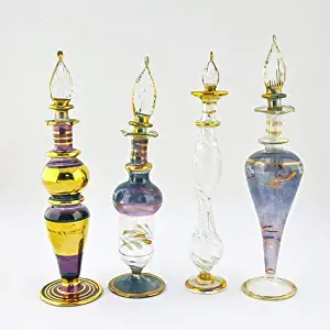 Set of Four Unique Mouth-Blown Glass Perfume Bottles Pharaoh Style, Decorative Colorful Hand-Painted Pyrex Glass, Big Size (21 x 3 x 3 cm) (Actual Photos of The Product)