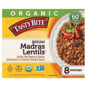 Tasty Bite Organic Vegetarian All Natural Indian Madras Lentils: Lentils, Red Beans, & Spices Simmered in a Creamy Tomato Sauce - 8 ct. (10 oz.)