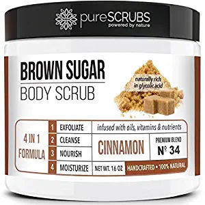 Premium BROWN SUGAR Body Scrub Exfoliating Set - Large 16oz CINNAMON SCRUB For Face & Body,Infused Organic Essential Oils & Nutrients + FREE Wooden Stirring Spoon, Loofah & Mini Exfoliating Bar Soap