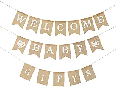 DaveandAthena 3 Pieces Welcome Baby Banner Gift Burlap Banner Baby Shower Banner Bunting Garland for Baby Shower Decorations