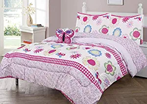 6 Piece Twin Size Kids Girls Teens Comforter Set Bed in Bag with Shams, Sheet set and Decorative Toy Pillow, Flower Butterfly Pink Lilac Girls Kids Comforter Bedding Set w/Sheets,Twin 6pc Floral Pink