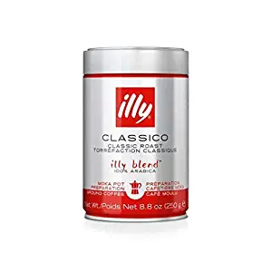 illy Coffee, Moka Ground, Medium Roast, 100% Arabica Bean Signature Italian Blend, Premium Gourmet Roasted Coffee, Pressurized Fresh 8.8 Ounce Tin, Stovetop Moka Pot Preparations