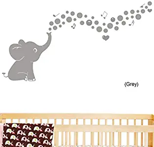 One Lucky Elephant Family Wall Decal with Hearts Music Quote Art Baby Nursery Wall Decor (Grey, Size: 18" Hx 31" W)