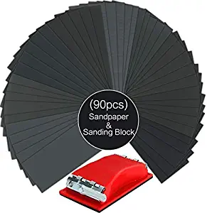 Sandpaper, 90 Pcs 400 to 3000 Grit Wet Dry Sandpaper with Red Handle Assortment 9x3.6 Inch for Automotive Sanding - Wood Furniture Finishing - Wood Turing Finishing and More by VERONES
