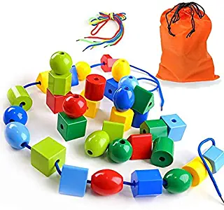 LovesTown Large Lacing Bead Set for Kids,Bead Stringing for Toddlers 36 Jumbo Beads & 2 Strings Educational Stringing Toy Montessori Toys Autism Toys for Toddlers Kids Preschool Children