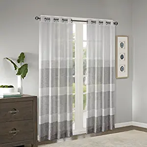Madison Park Hayden Striped Sheer Woven Faux Linen Curtains for Bedroom, Modern Contemporary Living Room with Grommet, 1-Panel Pack, 50x84, Grey