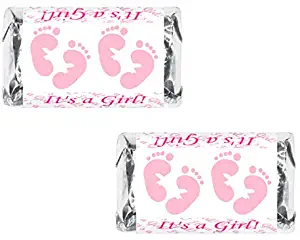 RokAPary 60 Pink Footprints Baby Shower Miniatures Candy Bar Wrapper, Baby Shower Miniatures Candy Bar Stickers, Candy Not Included
