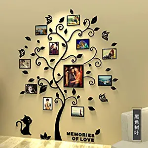 Unitendo 3D Wall Stickers Photo Frames FamilyTree Wall Decal Easy to Install &Apply DIY Photo Gallery Frame Decor Sticker Home Art Decor, Black Leaves Tree with cat, XL.