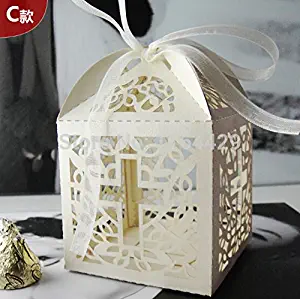 JoinwinNew Design 50 Pack Cross Laser Cut Favor Box Christening Baby Shower Bomboniere with Ribbons Party Favors (Ivory)