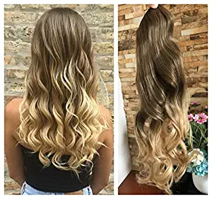 One Piece Half Head Synthetic Clip in Hair Extensions Ombre 5 CLIPS Wavy Curly (Medium ash brown to blonde) DL