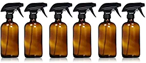 Sally's Organics Empty Amber Glass Spray Bottle - Large 16 oz Refillable Container for Essential Oils, Cleaning Products, or Aromatherapy - Black Trigger Sprayer w/Mist and Stream Settings - 6 Pack