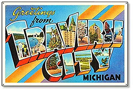 Vintage House Sign Traverse City Michigan mi Old Retro Vintage Large Letter Travel Postcard Reproduction Metal Sign Art Steel 8 x 12 Inches