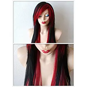 USFY-Wig black wine red scene hairstyle wig emo long straight black hair wig for daytime use or cosplay wig heat resistant:26 inch
