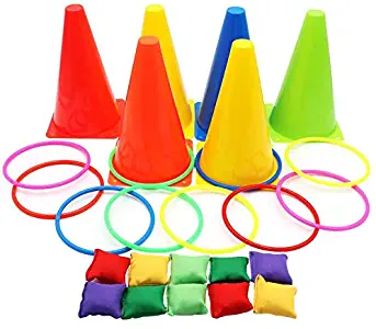 Aizhuang 3 in 1 Ring Toss Game Carnival Combo Set Soft Traffic Cone Bean Bags with Plastic Multicolor Throwing Circle Activity Rings for Kids Outdoor Indoor Speed and Agility Practice Games