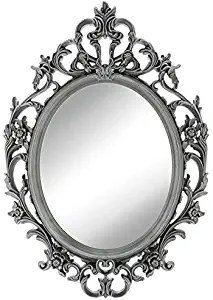 Angel's Treasure 15.5 Inch Oval Wall Mounted Mirror, Elegant Ornate Vintage Antique Style in Pewter-like Gray Color