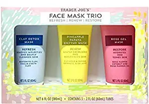 Trader Joe's Face Mask Trio Refresh Renew Restore Clay Detox Mask, Pineapple Papaya Enzyme Mask, Rose Gel Mask 3 Pack - Each Tube 2 FL Oz