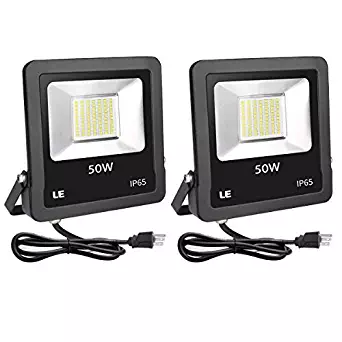 LE LED Flood Lights 50W, Daylight White 5000K, Outdoor, IP65 Waterproof, 4000LM 250W Equiv, 110°Beam Angle, Plug in Security Lights for Home, Backyard, Patio, Garden, Tree and More, Pack of 2