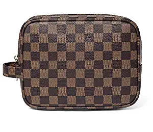 JCollection Brown Luxury Checkered Make Up Bag Travel Cases Portable Makeup Bag for Women Leather Cosmetic Toiletry