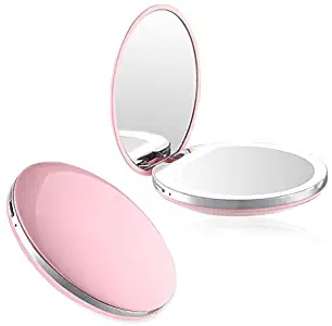 xingzhi LED Lighted Travel Makeup Mirror, 1x/10x Magnification - Daylight LED, Compact, Portable, Large 3” Wide Illuminated Folding Mirror (Pink)