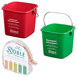 Small Red and Green Sanitizing Plastic Bucket with Noble Chemical QT-40 Quaternary Test Paper Dispenser Strip | 3 Quart Cleaning Pail