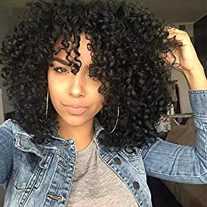 AISI HAIR Curly Afro Wig with Bangs Shoulder Length Wig Curly Black Wig Afro Kinkys Curly Hair Wig Synthetic Heat Resistant Wigs Curly Full Wigs for Black Women(Black)