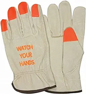 Toledano Industries Hi Vis Leather Work Gloves (Watch Your Hands - Orange Tips) (Medium)