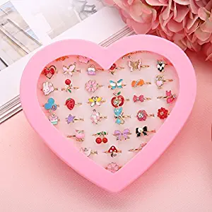 Fineder 36pcs Children Kids Little Girl Gift, Jewelry Adjustable Rings in Box, Girl Pretend Play and Dress up Rings,Random Shape and Color, Little Girls Gift