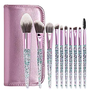 Black Deals Friday Cyber Deals Monday Deals Sales-Makeup Brush Set 10 PCS Crystal Handle Synthetic Essential Cosmetics Brush Kit Face Powder Foundation Blending Blush Concealer Eye Shadow(Leather Bag)