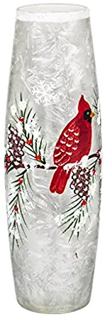 Cypress Home Beautiful Christmas Pine Cones and Cardinal Hand Painted Glass LED Cylinder Table Décor - 4 x 4 x 12 Inches Indoor/Outdoor Decoration for Homes, Yards and Gardens