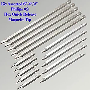 MTP TM Pack of 15 2"/ 4"/6" Phillips #2 Screw Driver Bit Quick Release 1/4 Hex Shank Magnetic Tip Ph2 Cr-v Steel Good for Dewalt Makita Milwaukee Ryobi Ridgid Drill